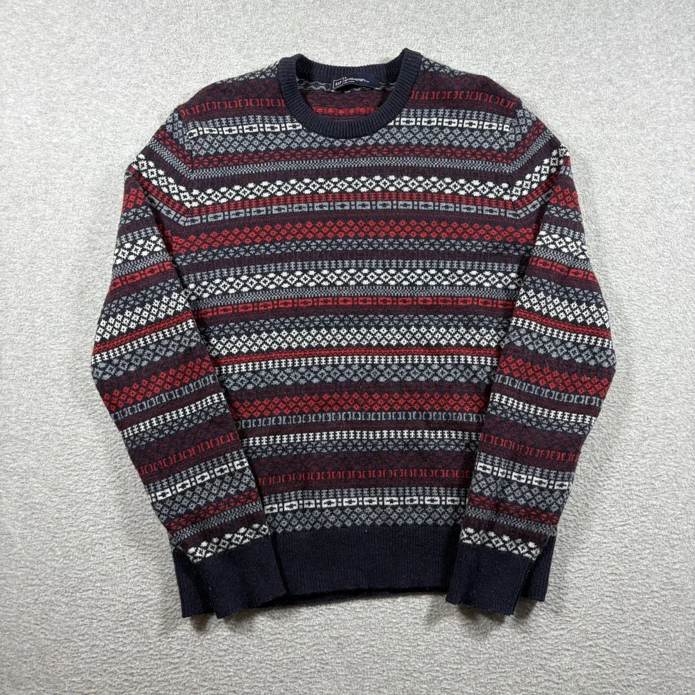 Gap Mens Sweater Medium Lambswool Blend Fair Isle Nordic Knit Crewneck Pullover⁠
